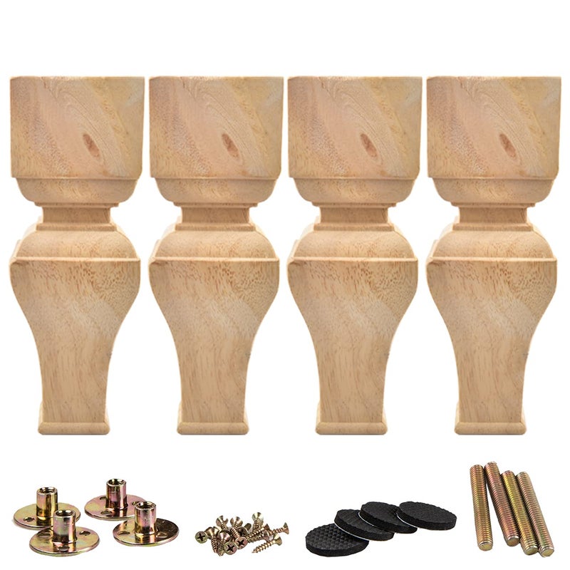 La Vane 8 inch / 20cm Wooden Furniture Legs  Set of 4 Carved Geometry Solid Wood Unfinished Replacement Bun Feet with Mounting Plate & Screws for Sofa Cabinet Couch Table TV Stand - Image 1